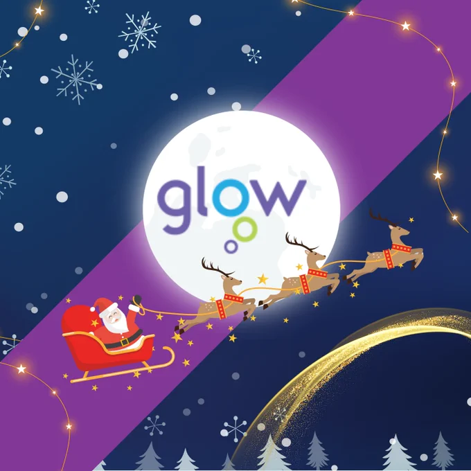 The image shows Santa and his reindeer in the sky flying past the moon which has the Glow logo on it.