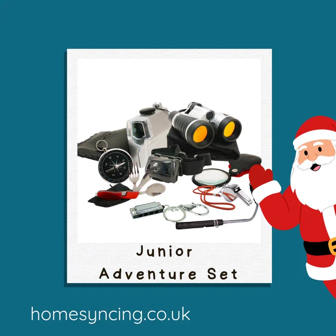 Junior Adventurer Set.
Compass, Headlight, whistle, harmonica keyring, binoculars, magnifying glass, cutlery set & Microscope.
homesyncing.co.uk
introduced by santa.