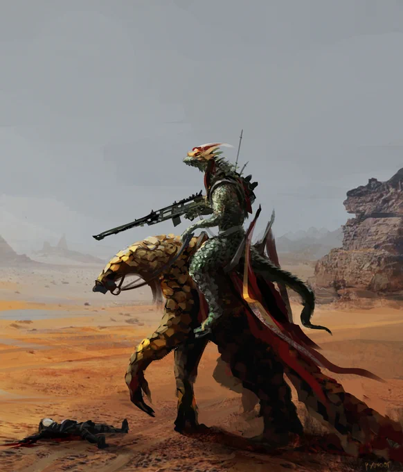 A digital painting depicting a massive lizard-like humanoid warrior riding a giant pangolin creature with golden-brown scales. The rider holds a long sci-fi rifle and wears a flowing red cape. They are standing in a hazy, rocky desert landscape. In the foreground, a human soldier lies dead on the sand, looking tiny compared to the alien mount, emphasizing the massive scale of the creature. Painterly style