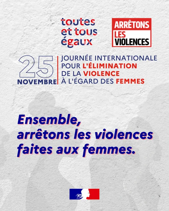 Visuel de sensibilisation sur fond blanc pour la Journée internationale pour l'élimination de la violence à l'égard des femmes, célébrée le 25 novembre. On y lit les phrases "toutes et tous égaux", "arrêtons les violences" et "Ensemble, arrêtons les violences faites aux femmes." Les mots importants sont en bleu et rouge. Le logo de la République française est en bas, avec de légères silhouettes de personnes en arrière-plan.