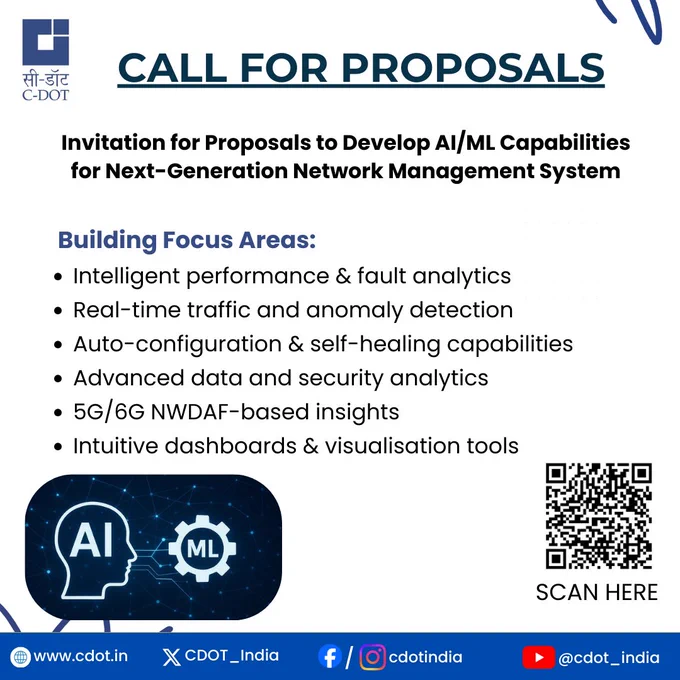 C-DOT  Invites Proposals to Develop AI/ML Capabilities for NGNMS.

CDOT is seeking innovative partners to co-develop #AI/#ML -enabled Network and Business Intelligence modules and advanced Business Intelligence Visualizations features for the Next-Generation Network Management System
