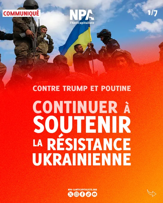 EN fond une photo de soldats ukrainiens attachant un drapeau ukrainien à un bâton.
Il est écrit "contre trump et poutine, continuer à soutenir la résistance ukrainienne"
