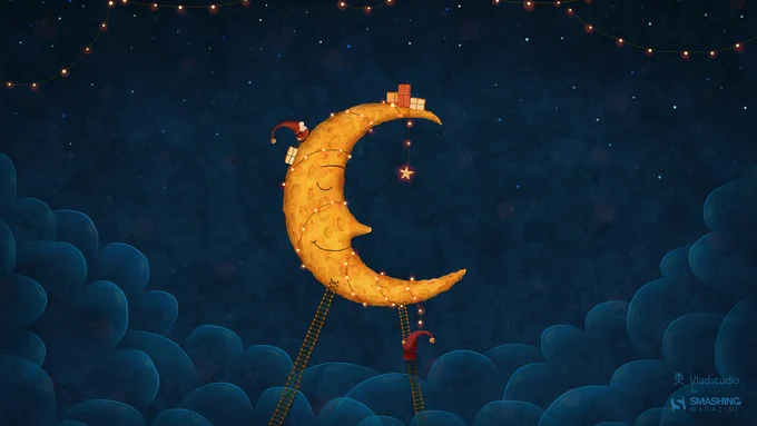 Illustrated desktop wallpaper. It shows two Christmas dwarfs decorating the moon with fairy lights and wrapped presents.