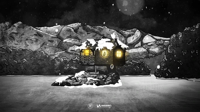 Illustrated desktop wallpaper. It shows a small cabin on an island in the middle of a frozen river surrounded by mountains. It is snowing, and the warm yellow light inside the cabin lights up the dark night.