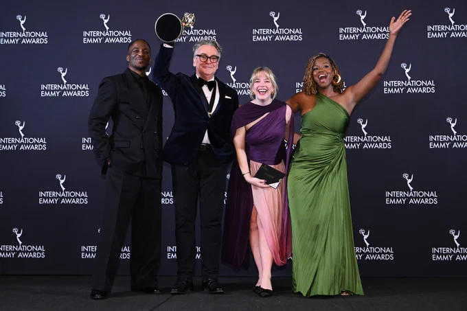 Kenton Allen and Anya Wilson celebrate Ludwig's Internation Emmy win