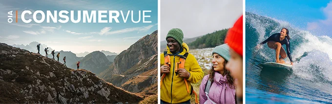 A triptych image featuring outdoor and leisure activities. From left to right: a group hiking up a steep hill, a promotional banner for "ConsumerVue," two people smiling in a cold, wooded environment, and a person surfing a wave.