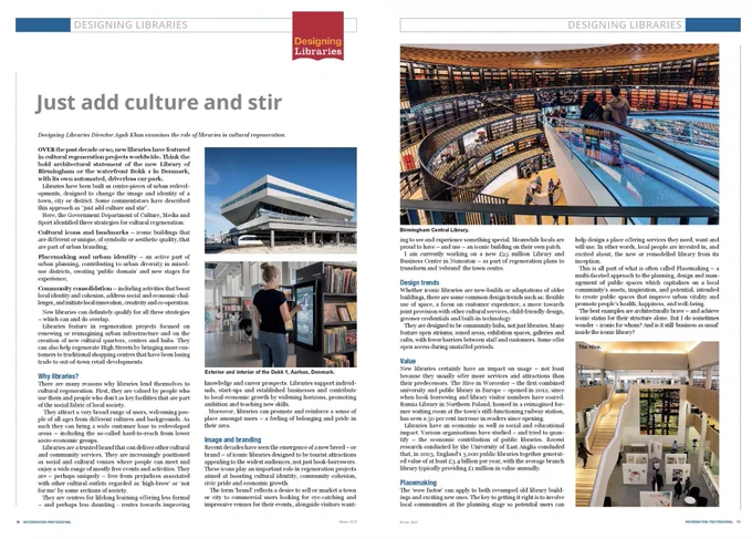 Extract picture from Information Professional Magazine article written by Ayub Khan on the role of libraries in cultural regeneration