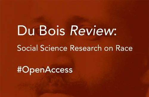 Promotional image for Du Bois Review: Social Science Research on Race, featuring a partial, closeup view of a person's face with a beard, set against a reddish-brown background. Text includes "#OpenAccess."