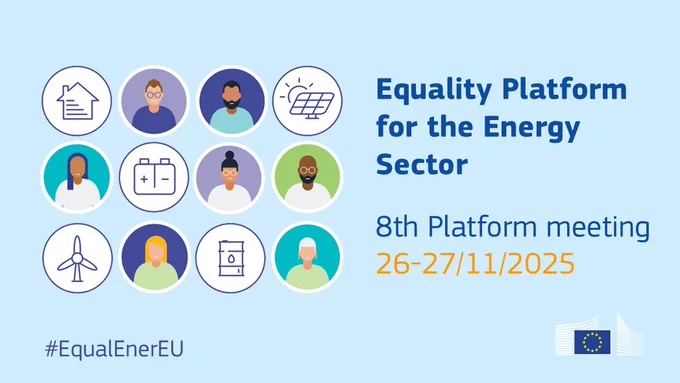 Equality Platform for the Energy Sector - 8th platform meeting - 26-27 November 2025. Blue background and 12 circles on the left with icons illustrating people and energy on the left. 