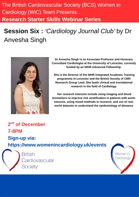 Register for the 6th BCS Women in Cardiology Research Starter Skills session: Cardiology Journal Club on 2nd December, at 7-8 pm here: https://www.womenincardiology.uk/events