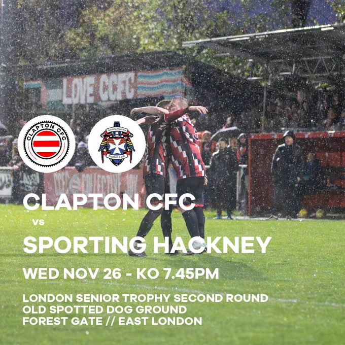 Clapton Community FC vs Sporting Hackney takes place on Wednesday, November 26 2025 with a 7.45pm kick off at the Old Spotted Dog Ground, 212 Upton Lane, Forest Gate, East London, E7 9NP.

