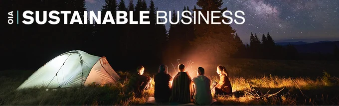 Group of people sitting by a campfire near a tent under a starry sky, with the text 'Sustainable Business' visible.