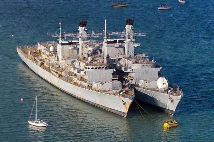Decommissioned Type 23 frigates laid-up and awaiting disposal in Portsmouth Harbour.