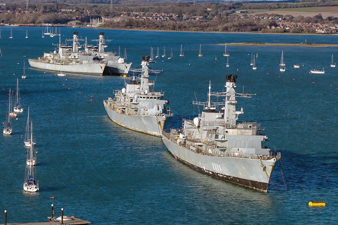 Decommissioned Type 23 frigates laid-up and awaiting disposal in Portsmouth Harbour.