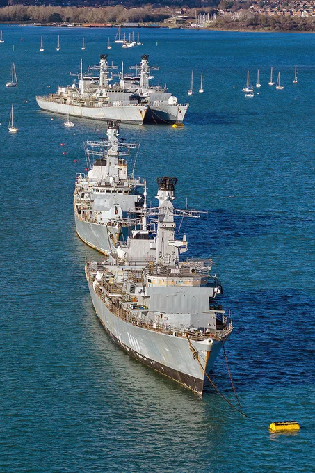 Decommissioned Type 23 frigates laid-up and awaiting disposal in Portsmouth Harbour.