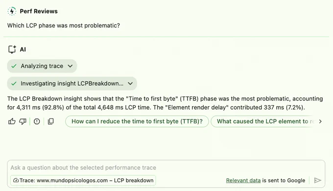 A screenshot of a performance review interface titled “Perf Reviews” with the question “Which LCP phase was most problematic?” An AI assistant response shows analysis results indicating that the “Time to first byte (TTFB)” phase contributed 4,311 ms (92.8%) of the total 4,648 ms Largest Contentful Paint time, while “Element render delay” contributed 337 ms (7.2%). Below the response are action buttons such as “How can I reduce the time to first byte (TTFB)?” and “What caused the LCP element to render slowly?”
