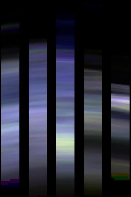 Five vertical composite images of Mars' atmosphere, revealing multi-colored layers heading into the limb of space.
