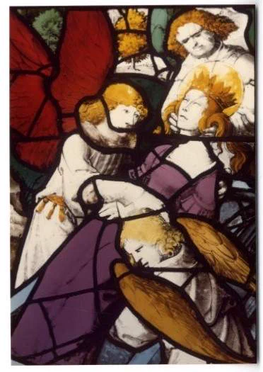 The St Catherine window in the Chapel, portraying the removal of Catherine’s body by angels to Mt Sinai