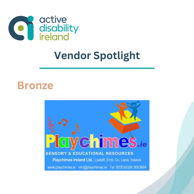 Promotional graphic spotlighting Playchimes.ie as a bronze vendor. Includes Active Disability Conference.