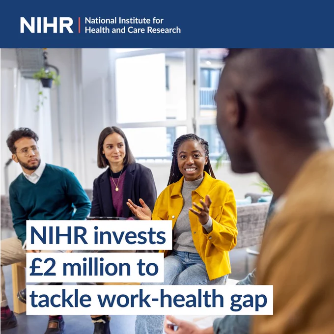 A diverse group of four people sits in a circle having a discussion in a bright room with large windows. The focus is on a smiling woman wearing a yellow jacket, gesturing expressively. Text overlay reads, "NIHR invests £2 million to tackle work-health gap." The NIHR logo is prominently displayed at the top.