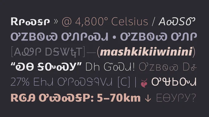 Colourful specimen image showing words and phrases in various weights of the Laconia Cherokee typeface.