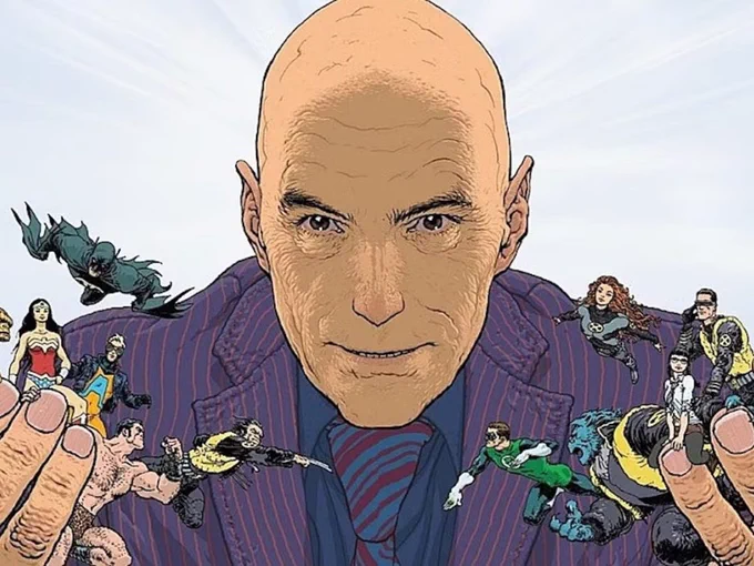 Grant Morrison portrait by Frank Quietly. Grant stares at the viewer while holding tiny versions of the characters they’ve written in their hands (Including Batman, Wonder Woman, Animal Man, and various X-Men).