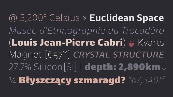 Colourful specimen of the Laconia typeface family, showing words and phrases set in the various font weights.