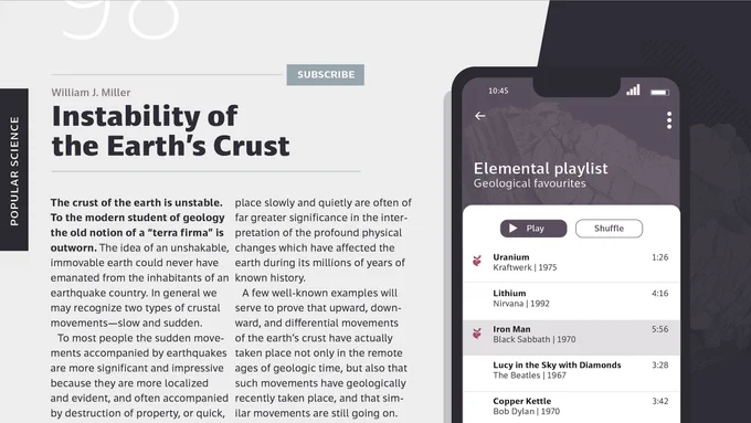 Specimen of the Laconia typeface, showing text setting of geology article about plate tectonics, and a smart phone screen with a geologically themed music playlist.