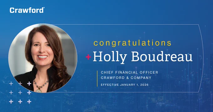 Holly Boudreau named CFO at Crawford & Company starting January 1, 2026, with a professional headshot on blue background.