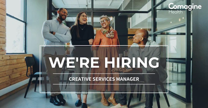 Photo of four people in an office. The text overlay reads, “We’re hiring. Creative services manager.”