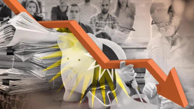 An arrow showing a downward trend over a broken piggy bank, a research lab, a lecture hall and a pile of paperwork.
