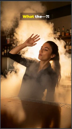 Bartender recoiling as a blast of steam erupts from a commercial glass washer, with the text ‘What the—?!’ overlaid. Dramatic, humorous moment used as a YouTube Shorts thumbnail about high-temp versus low-temp glass washers.