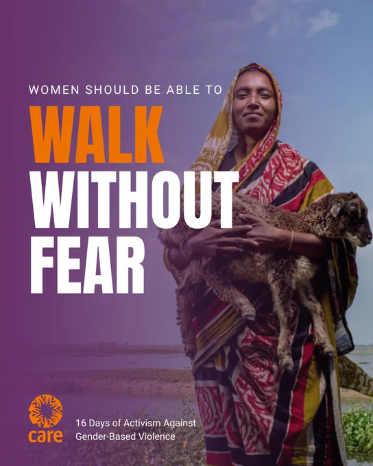 Graphic for CARE's 16 Days of Activism Against Gender-Based Violence campaign, featuring an individual holding a lamb with a landscape in the background, titled 'Women should be able to WALK WITHOUT FEAR.'