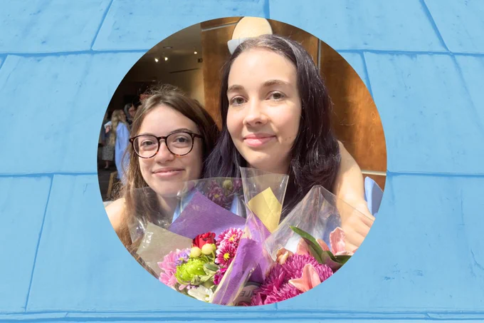 Allegra Gray and her sister at graduation on a decorative Old Well background.