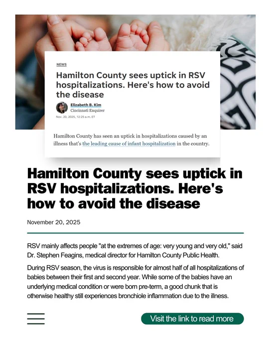 News article about an increase in RSV hospitalizations in Hamilton County, highlighting a statement from Dr. Stephen Feagins, medical director for Hamilton County Public Health, about the disease's impact on infants. The article dates November 20, 2025, and includes a link for more information.