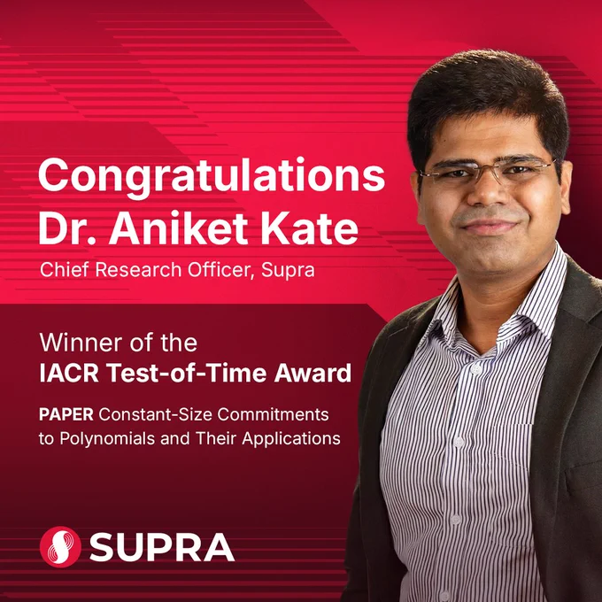 “Professional congratulatory graphic featuring Dr. Aniket Kate. He is smiling, wearing glasses, a striped shirt, and a dark blazer. The background is a red Supra-branded gradient with diagonal line patterns. Text reads: ‘Congratulations Dr. Aniket Kate, Chief Research Officer, Supra. Winner of the IACR Test-of-Time Award. Paper: Constant-Size Commitments to Polynomials and Their Applications.’ Supra logo at the bottom.