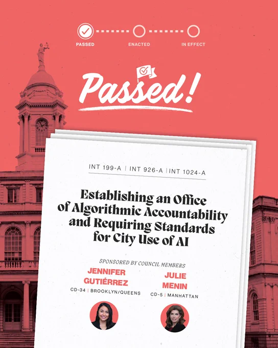 Graphic announcing passage of INT 199-A, INT 926-A, and INT 1024-A, establishing an Office of Algorithmic Accountability and setting standards for city use of AI. Includes a ‘Passed’ banner and photos of Council Members Jennifer Gutiérrez and Julie Menin.
