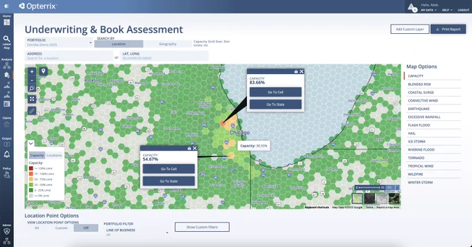 Map of the Opterrix Underwriting &amp; Book Assessment module visualizing capacity limits in a 3-mile hex grid for Chicago.