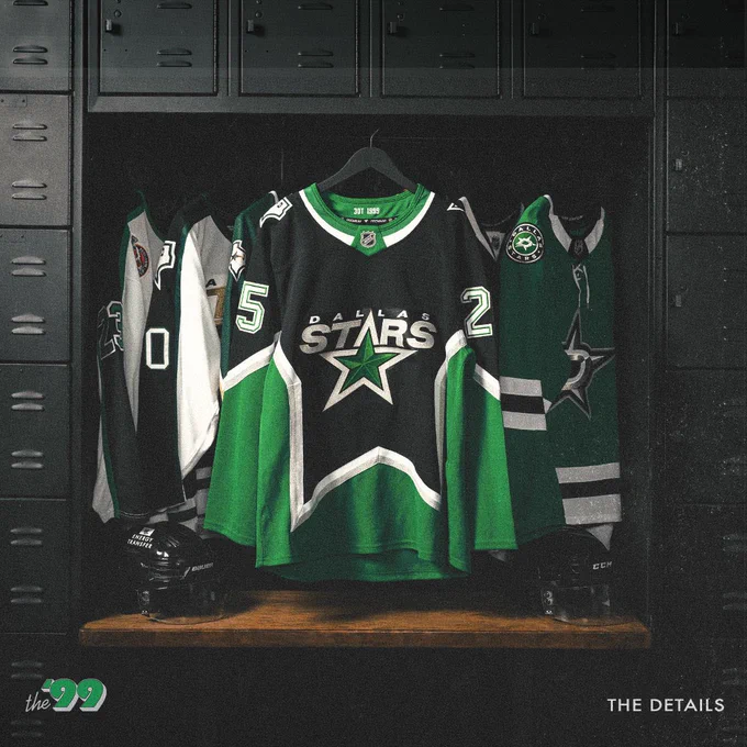 The ‘99 jersey hangs in a locker in front of other variations of Stars jerseys