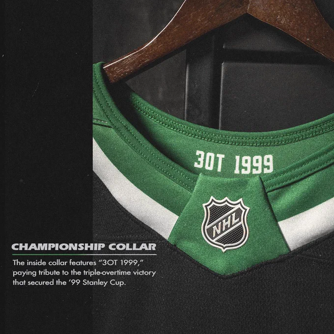 Championship collar: the inside collar features “3OT 1999,” paying tribute to the triple-overtime victory that secured the ‘99 Stanley Cup.