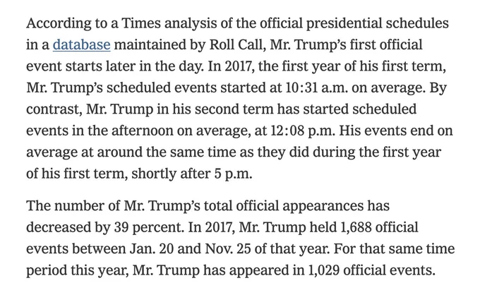 According to a Times analysis of the official presidential schedules in a database maintained by Roll Call, Mr. Trump’s first official event starts later in the day. In 2017, the first year of his first term, Mr. Trump’s scheduled events started at 10:31 a.m. on average. By contrast, Mr. Trump in his second term has started scheduled events in the afternoon on average, at 12:08 p.m. His events end on average at around the same time as they did during the first year of his first term, shortly after 5 p.m.

The number of Mr. Trump’s total official appearances has decreased by 39 percent. In 2017, Mr. Trump held 1,688 official events between Jan. 20 and Nov. 25 of that year. For that same time period this year, Mr. Trump has appeared in 1,029 official events.