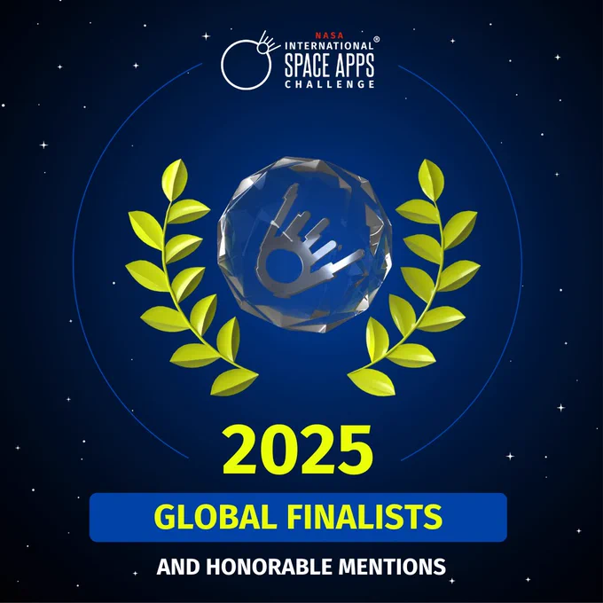 NASA Space Apps logo top center in white and red on a black space background with stars. A silver award medallion sits in the center of the graphic with yellow laurel leaves around it and blue semi circles. Text reads "2025 Global Finalists" in yellow font, with "Global Finalists" inside a blue rectangle with "and Honorable Mentions" just below in white font.
