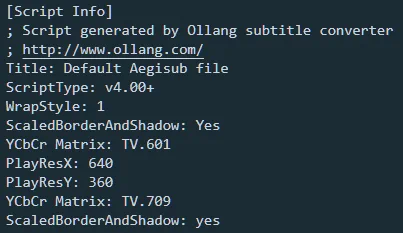 Screenshot of the ASS subtitle file header for The Banished Court Magician episode 6 on Crunchyroll, featuring a comment saying "Script generated by Ollang subtitle converter"
