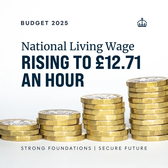 Text: National Living Wage rising to £12.71 an hour - strong foundations - secure future.

Imagery: Pound coins stacked up. The UK Government crown is visible as is the Budget 2025 branding.