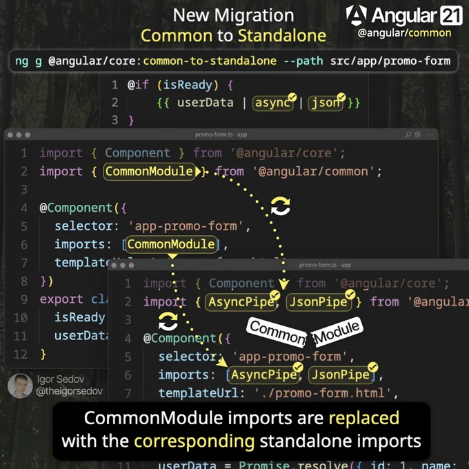 Angular 21 introduces the new Common to Standalone migration, which replaces CommonModule imports with direct standalone imports for reduced bundles and optimized tree-shaking.