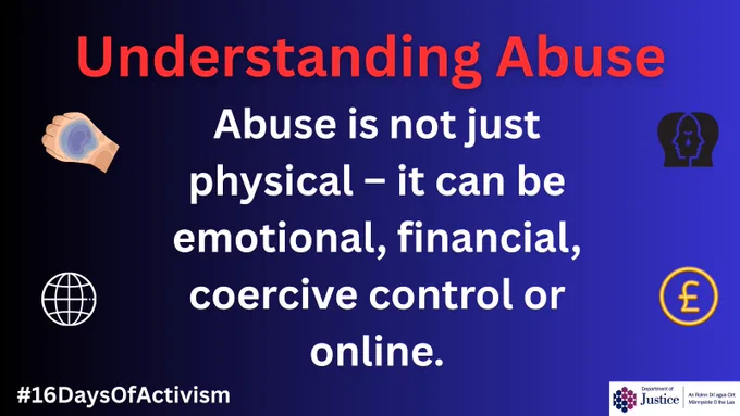 Understanding Abuse.  Abuse is not just physical - it can be emotional, financial, coercive control or online.  #16DaysOfActivism DoJ logo.  
