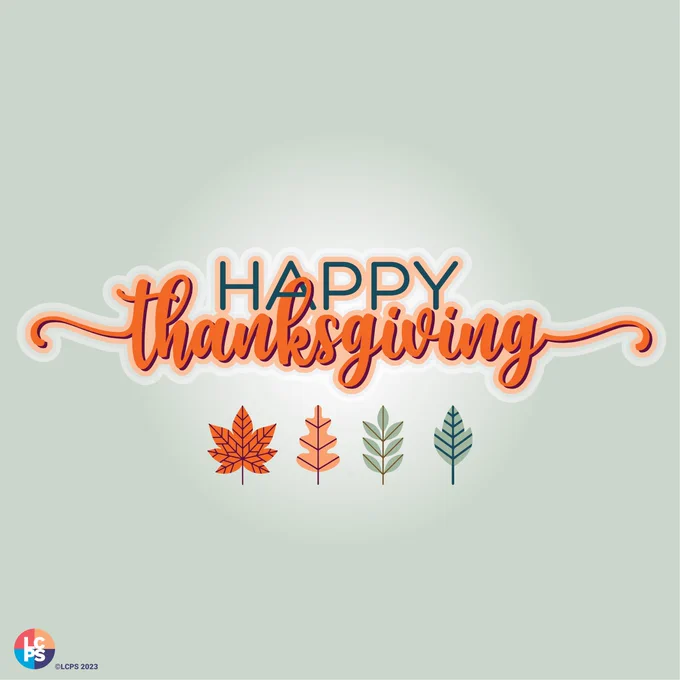 Happy Thanksgiving text with decorative orange script and four colorful autumn leaves below on a light gray background.