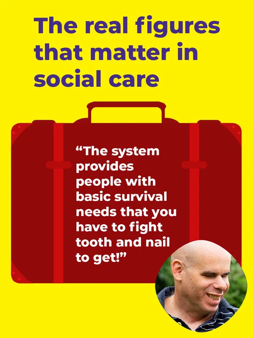 Graphic poster with a yellow background and a large red briefcase illustration. Text reads 'The real figures that matter in social care.' A quote on the briefcase states, 'The system provides basic survival needs that you have to fight tooth and nail to get!' Below the briefcase, there is an image of a smiling person.
