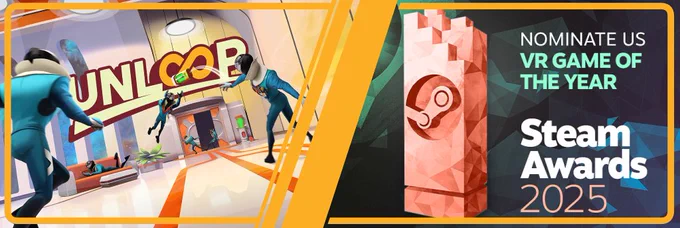 banner half of which (left) displays unloop covert image and right half displays steam awards 2025 nominate us for vr game of the year text and steam awards logo