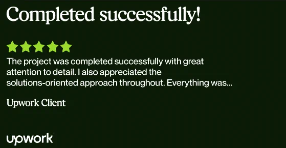 Another Upwork project completed with a 5-star review ⭐️⭐️⭐️⭐️⭐️

Proud of the work accomplished and the trust my client has placed in my team and in me at @AutomathingHQ.

Key ingredients I bring to every engagement:
- Active listening
- Technical expertise
- Solutions-oriented thinking
- Consistent, uncompromising quality

Thank you to my client for the collaboration — on to the next mandate.

#automathing #technology #upwork